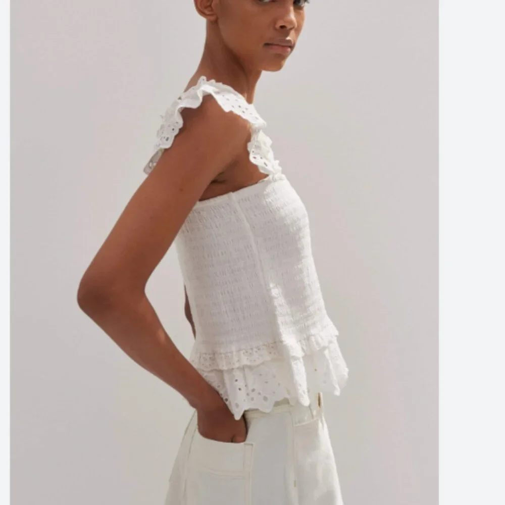 ME+EM White Cotton Delicate Broderie Shirred Top smocked flare 10 tank cropped - Picture 8 of 9